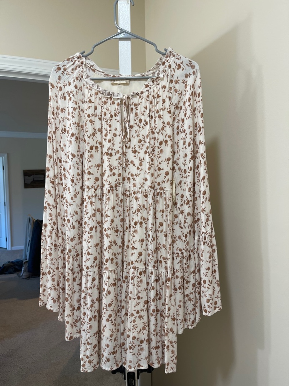 Altar'd State boho cream floral tiered mini dress with tie neck & flowy sleeves